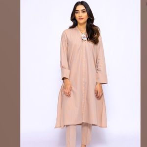 Khaadi Pret 100% Cotton Flared Kameez Yarn Dyed Space Dyed Twill Peach Nude/Blue